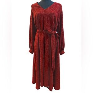 Calvin Klein NWT Red Glitter Belted V Neck Fit & Flare Dress size 16W
